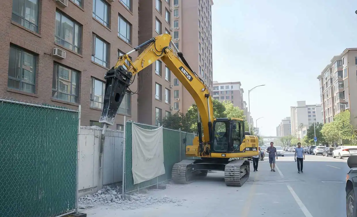 Box type hydraulic breaker at urban construction site