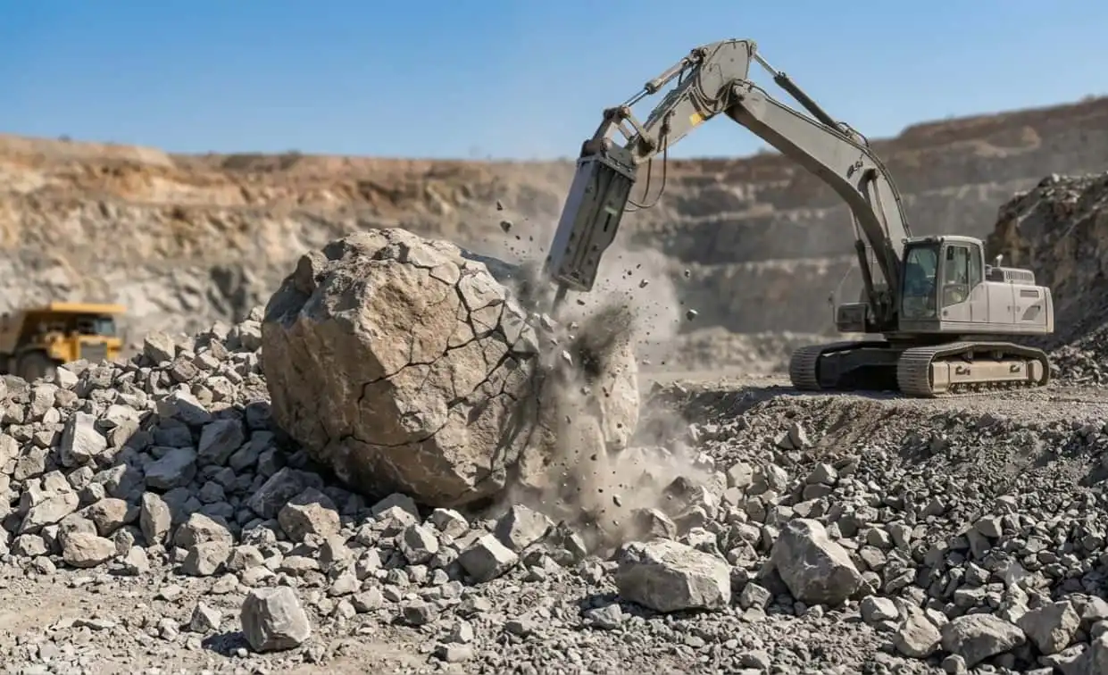 Tower Type Hydraulic Breaker breaking large rock in quarry